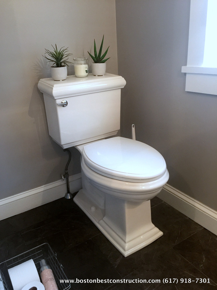 Example of a small arts and crafts white tile and subway tile ceramic tile powder room design in Boston with white cabinets and marble countertops