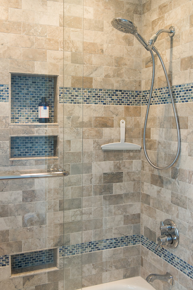 Mid-sized elegant master beige tile and ceramic tile ceramic tile tub/shower combo photo in DC Metro with an undermount sink, furniture-like cabinets, light wood cabinets, granite countertops, a two-piece toilet and white walls