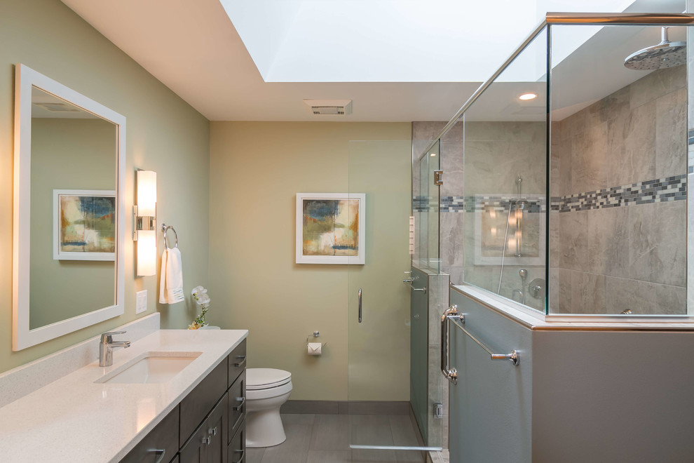 Mid-sized minimalist master ceramic tile and gray floor walk-in shower photo in Other with raised-panel cabinets, dark wood cabinets, a one-piece toilet, green walls, an undermount sink, granite countertops and a hinged shower door