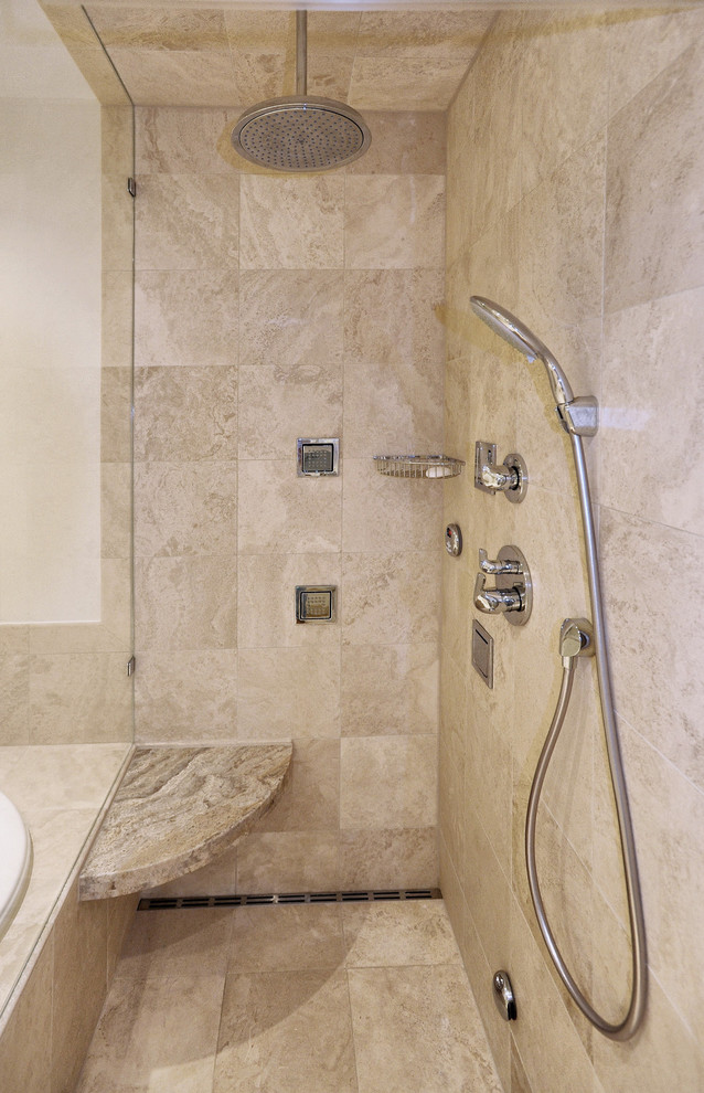 Design ideas for a large contemporary ensuite bathroom in San Francisco with an alcove shower, stone tiles, beige walls and travertine flooring.