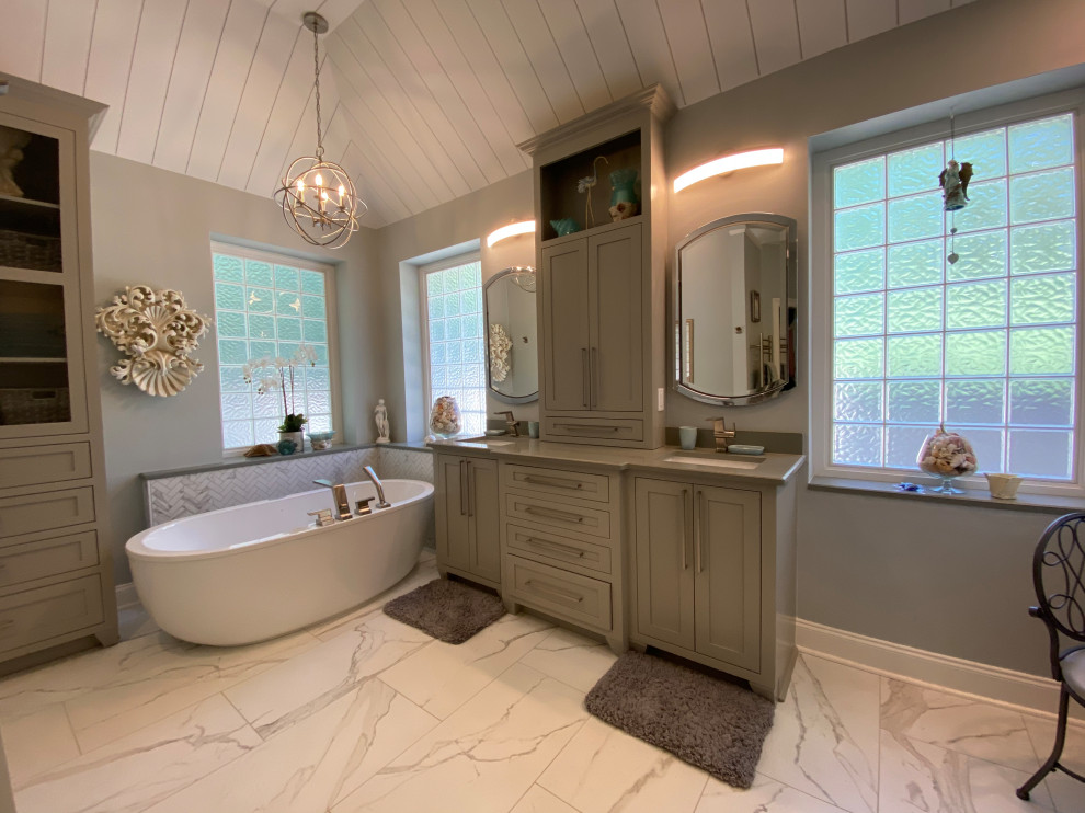 Inspiration for a large farmhouse master white tile and porcelain tile porcelain tile, white floor, double-sink and shiplap ceiling bathroom remodel in Other with shaker cabinets, gray cabinets, a bidet, blue walls, an undermount sink, quartz countertops, a hinged shower door, gray countertops, a niche and a built-in vanity
