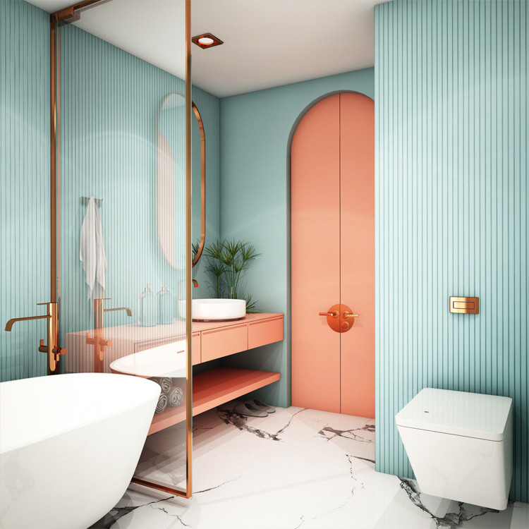 Diseño de cuarto de baño único y a medida bohemio pequeño con paredes azules, suelo de cemento, aseo y ducha, encimera de acrílico y suelo blanco