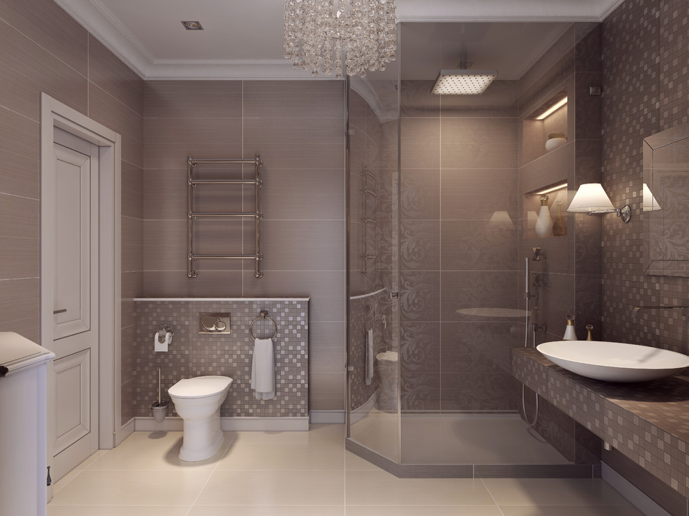 Свежая идея для дизайна: большая главная ванная комната в классическом стиле с угловым душем, биде, разноцветной плиткой, стеклянной плиткой, белыми стенами, полом из керамической плитки, настольной раковиной и столешницей из плитки - отличное фото интерьера