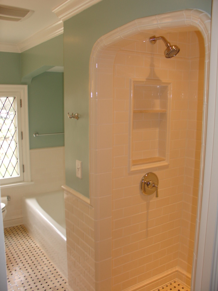 Inspiration for a small timeless master white tile and ceramic tile marble floor and white floor bathroom remodel in Milwaukee with a pedestal sink, a two-piece toilet, green walls and a hinged shower door
