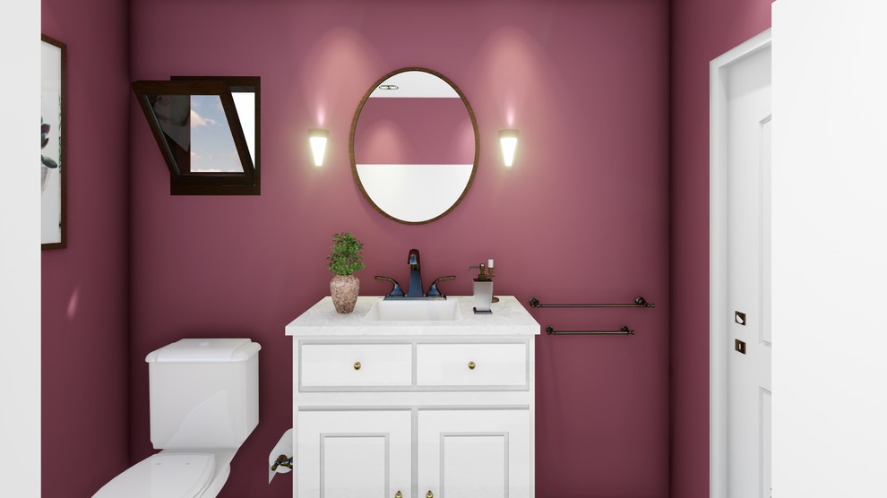 Modelo de cuarto de baño minimalista de tamaño medio con puertas de armario blancas, bañera empotrada, ducha empotrada, sanitario de dos piezas, paredes rojas, suelo con mosaicos de baldosas, lavabo integrado, suelo gris y ducha con cortina