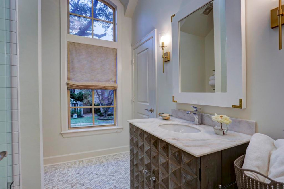 Example of a mid-sized minimalist kids' white tile and ceramic tile marble floor, white floor and single-sink alcove shower design in Houston with furniture-like cabinets, brown cabinets, a two-piece toilet, white walls, an undermount sink, marble countertops, a hinged shower door, white countertops and a freestanding vanity