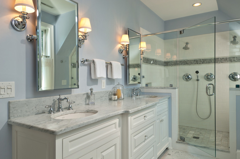 Classic bathroom in Boston with an alcove shower and feature lighting.