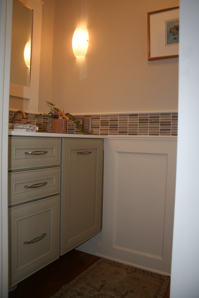 Example of a small transitional 3/4 green tile and mosaic tile light wood floor bathroom design in Providence with an undermount sink, open cabinets, green cabinets, marble countertops, a two-piece toilet and green walls