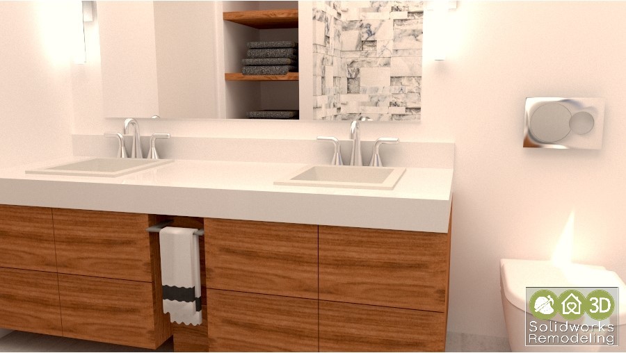 Example of a mid-sized minimalist kids' white tile and limestone tile porcelain tile and white floor bathroom design in Los Angeles with light wood cabinets, a wall-mount toilet, white walls, a drop-in sink, granite countertops and white countertops