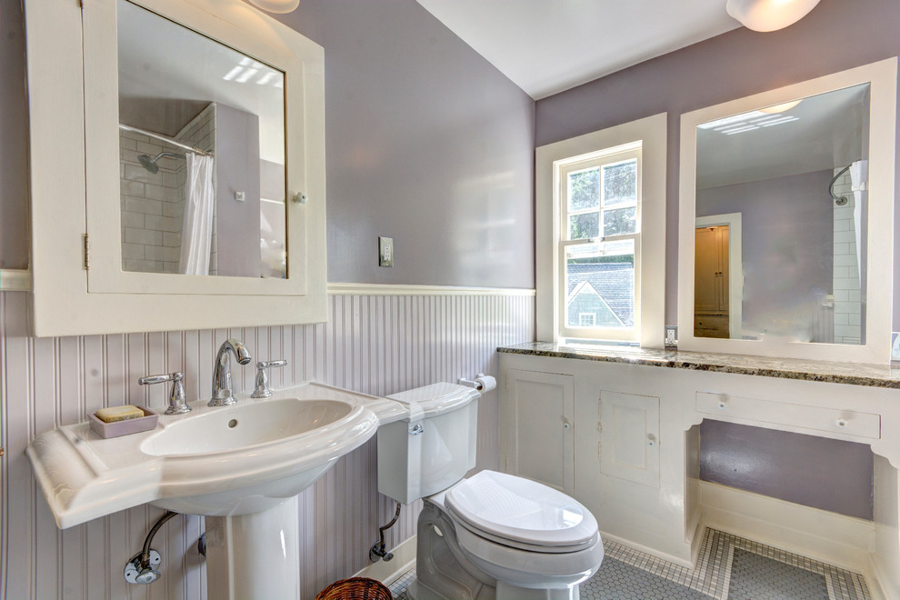 Inspiration for a medium sized traditional shower room bathroom in Portland with a two-piece toilet, purple walls, ceramic flooring, a pedestal sink and white floors.