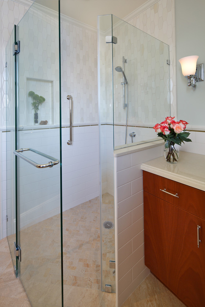 Small contemporary bathroom in San Francisco with a submerged sink, flat-panel cabinets, medium wood cabinets, engineered stone worktops, a built-in shower, beige tiles, porcelain tiles, green walls and porcelain flooring.