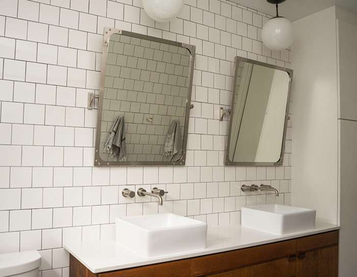 Bathroom - transitional kids' white tile bathroom idea in Austin with a vessel sink