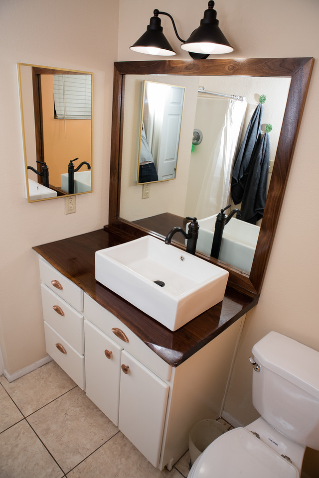 Bathroom Remodel, Walnut Live Edge Countertops, Vanity Paint, Hardware