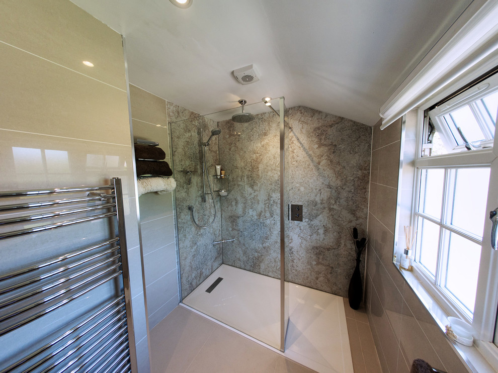 Inspiration for a small modern family bathroom in Sussex with brown cabinets, a walk-in shower, beige tiles, porcelain tiles, beige walls, ceramic flooring, beige floors and an open shower.