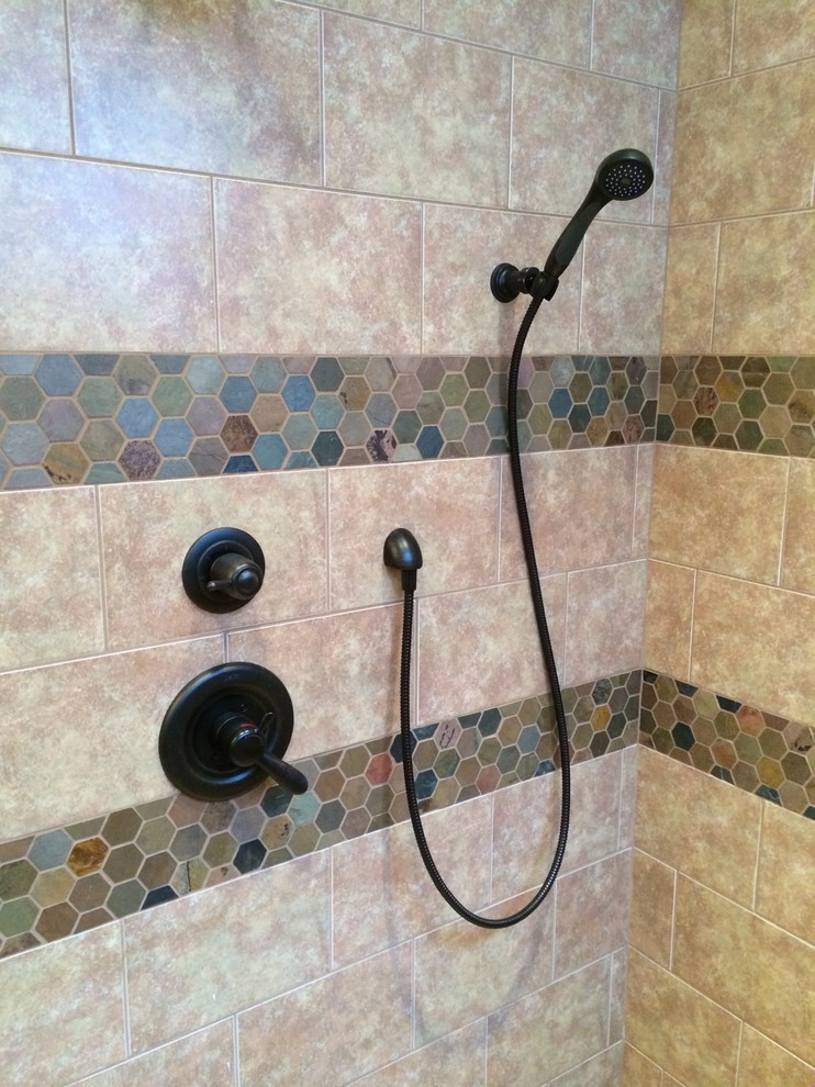 Example of a mid-sized trendy ceramic tile ceramic tile doorless shower design in Chicago