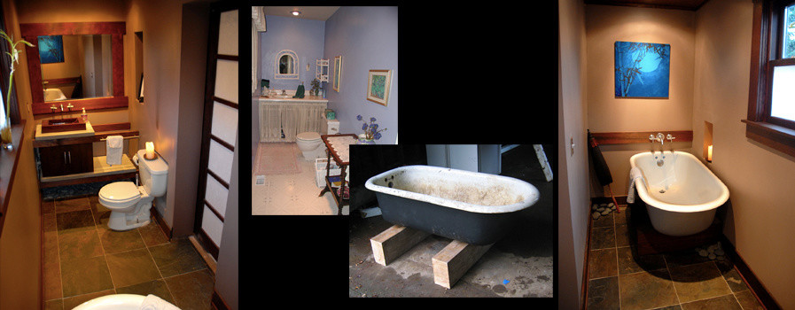 Idées déco pour une petite salle de bain contemporaine en bois foncé avec une vasque, un placard à porte plane, un plan de toilette en béton, une baignoire sur pieds, WC séparés, un carrelage gris, un carrelage de pierre, un mur gris et un sol en ardoise.