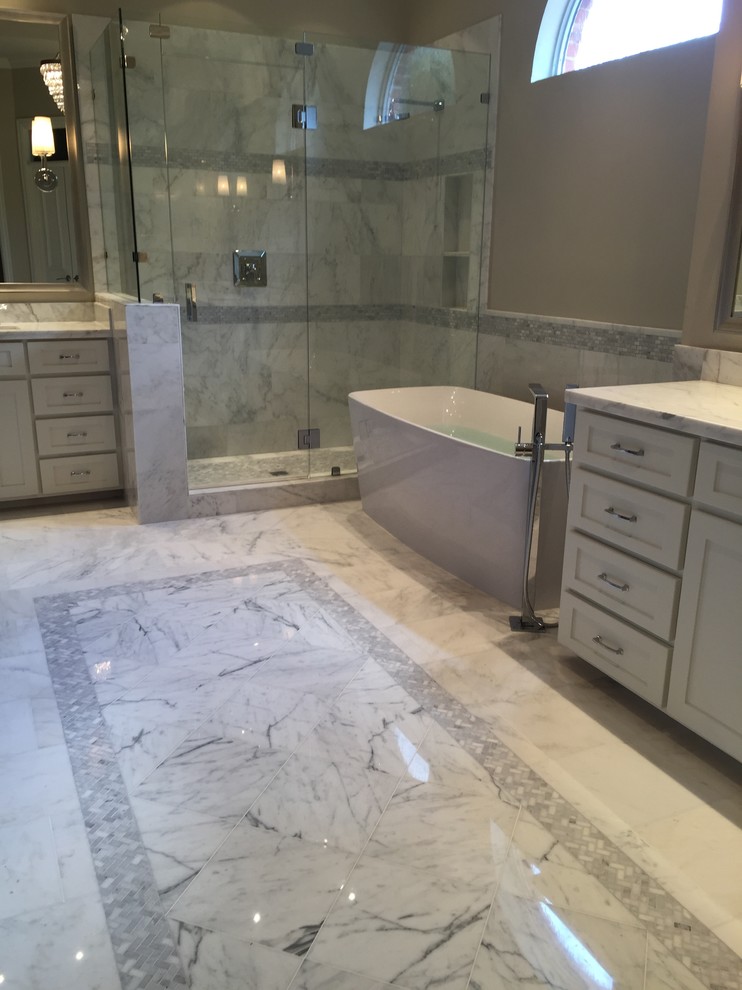 Example of a large minimalist master white tile and stone tile marble floor bathroom design in Dallas with an undermount sink, shaker cabinets, white cabinets, marble countertops, a one-piece toilet and white walls