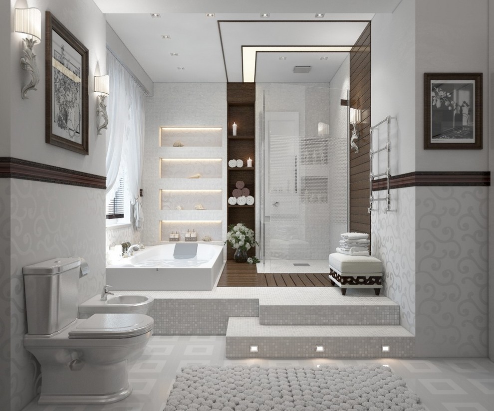 Photo of a large traditional sauna bathroom in Los Angeles with a built-in bath, a corner shower, a one-piece toilet, white walls, beige floors and a hinged door.