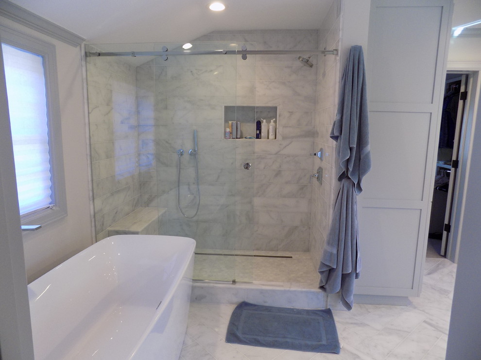 Bathroom - mid-sized contemporary master gray tile, white tile and marble tile marble floor bathroom idea in Other with shaker cabinets, gray cabinets and gray walls
