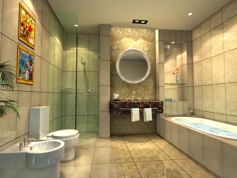 Свежая идея для дизайна: главная ванная комната среднего размера в классическом стиле с фиолетовыми фасадами, накладной ванной, угловым душем, биде, бежевой плиткой, мраморной плиткой, бежевыми стенами, мраморным полом, консольной раковиной, мраморной столешницей, бежевым полом, открытым душем и красной столешницей - отличное фото интерьера
