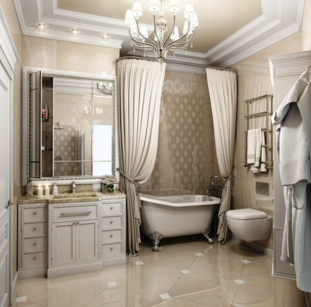 Inspiration for a victorian ensuite bathroom in Los Angeles with white cabinets, a freestanding bath, a one-piece toilet, beige tiles, porcelain tiles, beige walls, porcelain flooring, a submerged sink, engineered stone worktops, beige floors, beige worktops and a single sink.