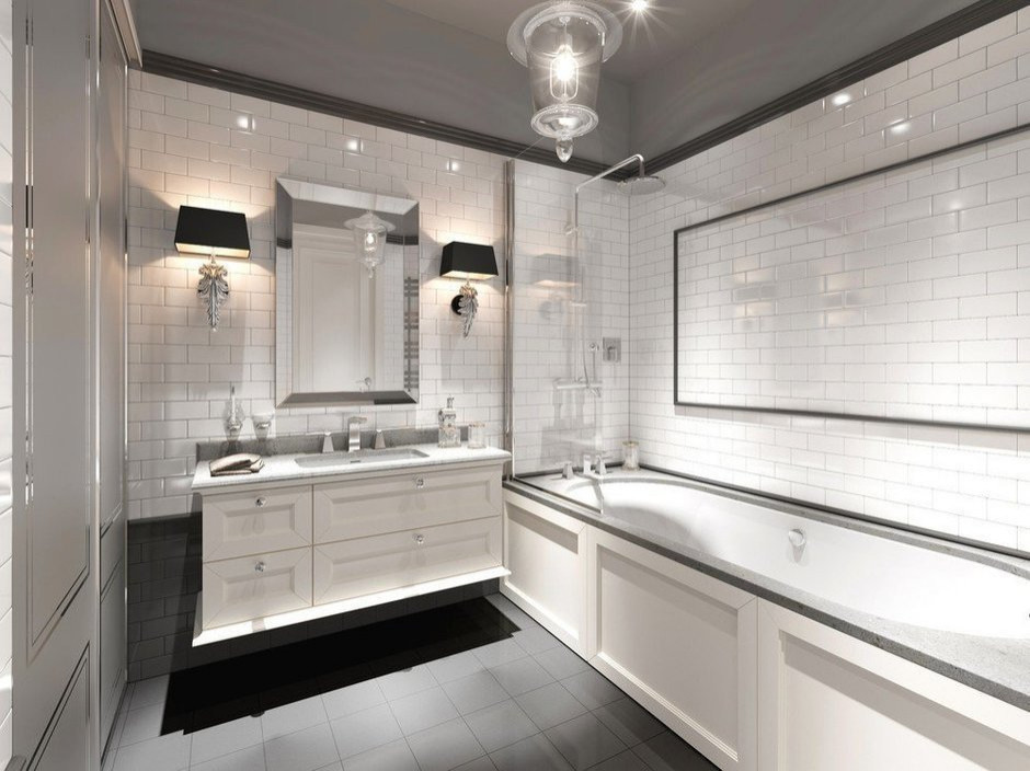 Inspiration för mellanstora klassiska grått en-suite badrum, med vita skåp, ett undermonterat badkar, en toalettstol med hel cisternkåpa, vit kakel, keramikplattor, vita väggar, klinkergolv i keramik, ett undermonterad handfat, bänkskiva i kvarts och grått golv