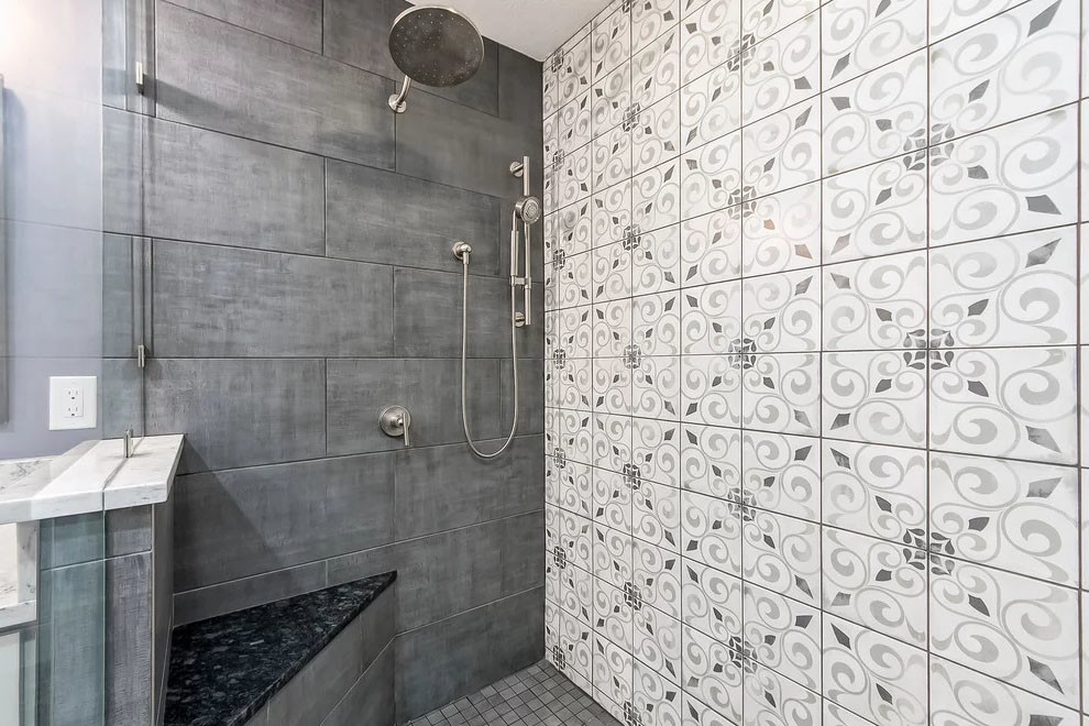 Large transitional master multicolored tile and ceramic tile ceramic tile and gray floor bathroom photo in DC Metro with flat-panel cabinets, white cabinets, a two-piece toilet, purple walls, a drop-in sink, quartz countertops and white countertops