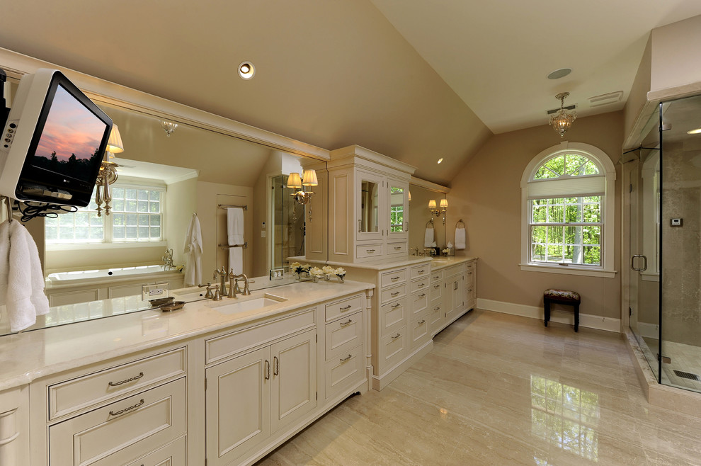 Example of a classic white tile marble floor bathroom design in DC Metro with flat-panel cabinets, white cabinets, beige walls and marble countertops