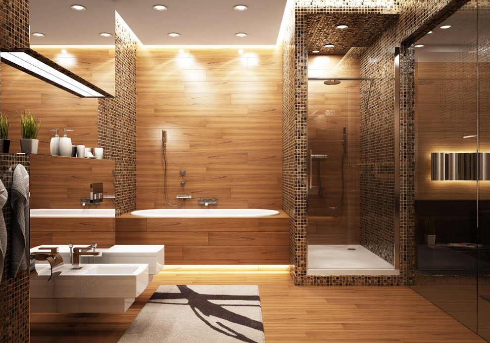 Diseño de cuarto de baño principal de estilo zen grande con bañera encastrada, ducha empotrada, bidé, paredes marrones, suelo de madera oscura, lavabo suspendido, suelo marrón y ducha con puerta con bisagras