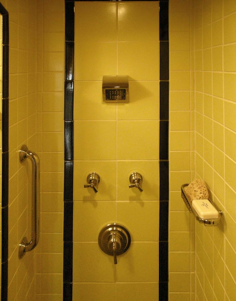 Inspiration for a mid-sized timeless 3/4 yellow tile and ceramic tile ceramic tile alcove shower remodel in San Francisco with a pedestal sink, recessed-panel cabinets, a two-piece toilet and white walls