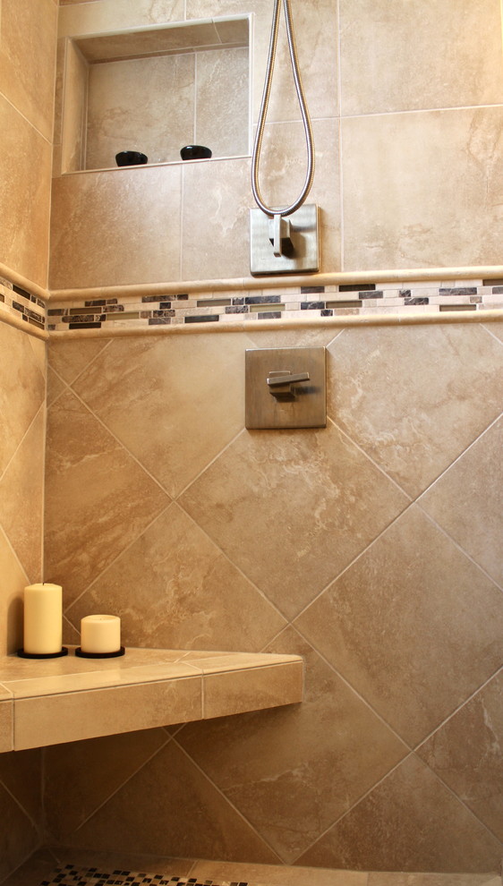 Photo of a large classic ensuite bathroom in San Francisco with shaker cabinets, dark wood cabinets, a built-in bath, a corner shower, a two-piece toilet, blue tiles, brown tiles, multi-coloured tiles, white tiles, metro tiles, brown walls, porcelain flooring, a trough sink and engineered stone worktops.
