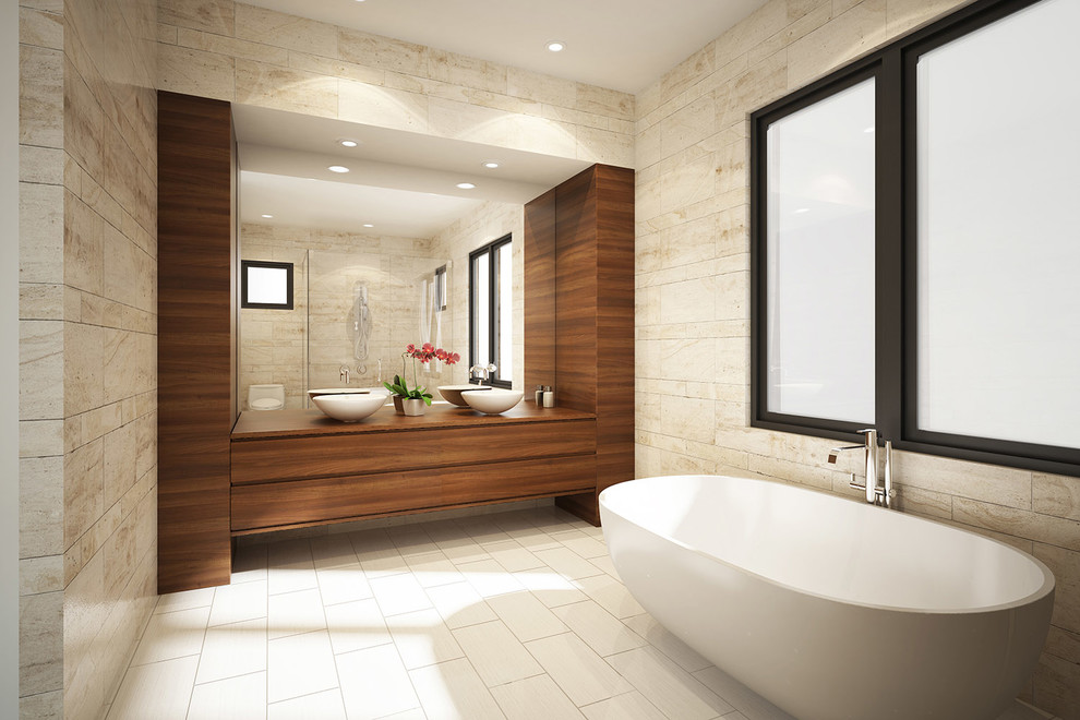 Example of a small minimalist master white tile and stone tile porcelain tile freestanding bathtub design in San Francisco with a vessel sink, flat-panel cabinets, medium tone wood cabinets, wood countertops and beige walls
