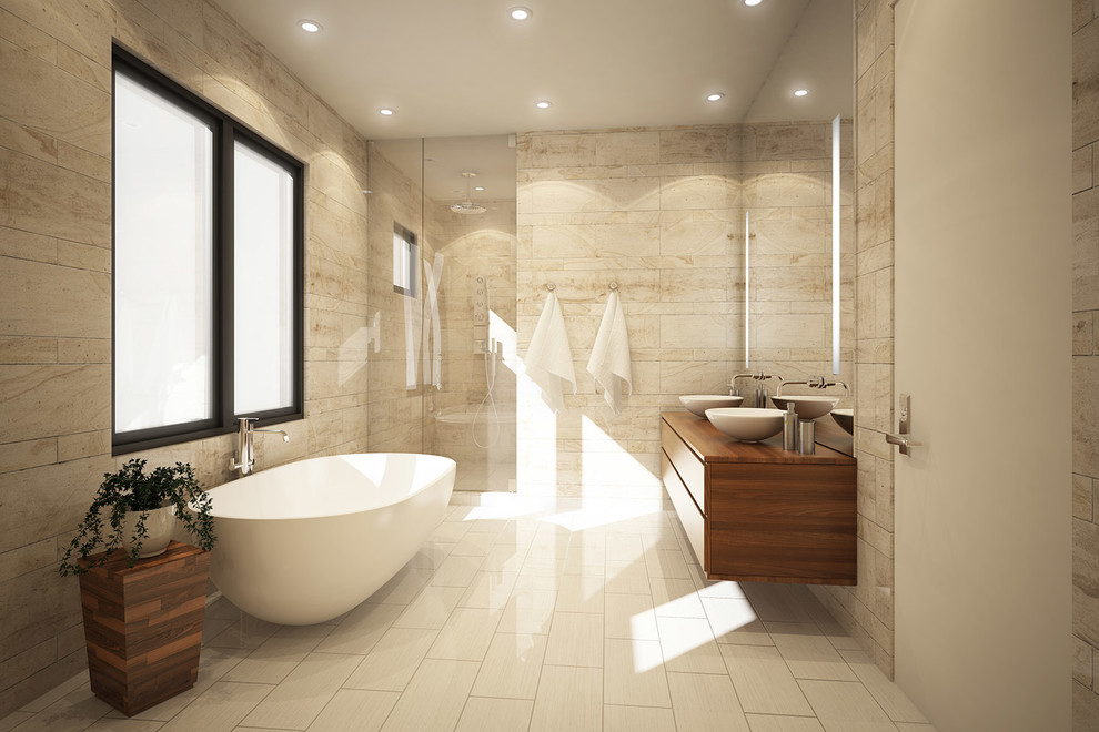 Medium sized modern ensuite bathroom in San Francisco with a vessel sink, flat-panel cabinets, medium wood cabinets, wooden worktops, a freestanding bath, a built-in shower, white tiles, stone tiles, brown walls and porcelain flooring.