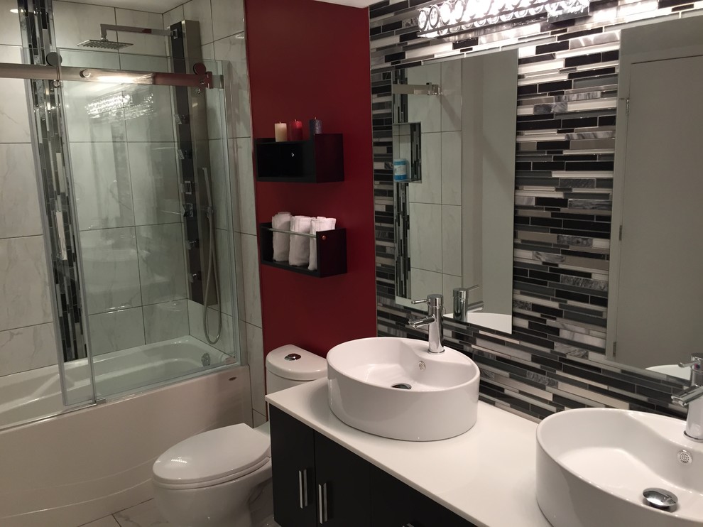 This is an example of a medium sized modern bathroom in Other with open cabinets, dark wood cabinets, an alcove bath, a shower/bath combination, white tiles, glass sheet walls, ceramic flooring, a vessel sink and engineered stone worktops.