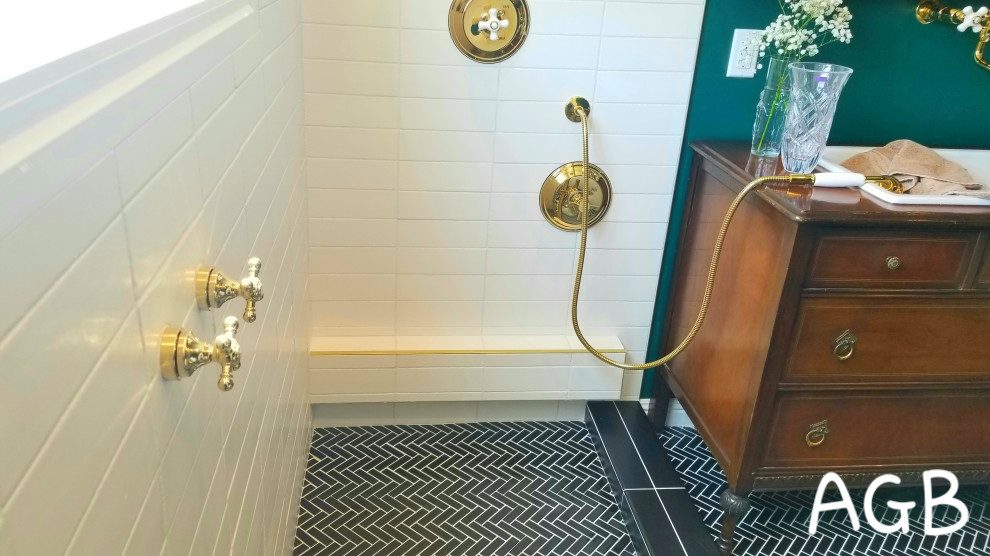 Example of a mid-sized 1950s master white tile and ceramic tile porcelain tile and black floor bathroom design in Los Angeles with raised-panel cabinets, brown cabinets, a one-piece toilet, green walls, a drop-in sink, wood countertops and brown countertops