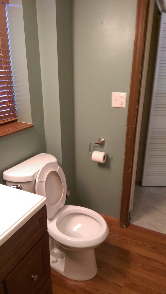 Immagine di una grande stanza da bagno padronale moderna con ante marroni, vasca/doccia, WC a due pezzi, pareti verdi, parquet scuro, lavabo integrato, ante in stile shaker e vasca sottopiano