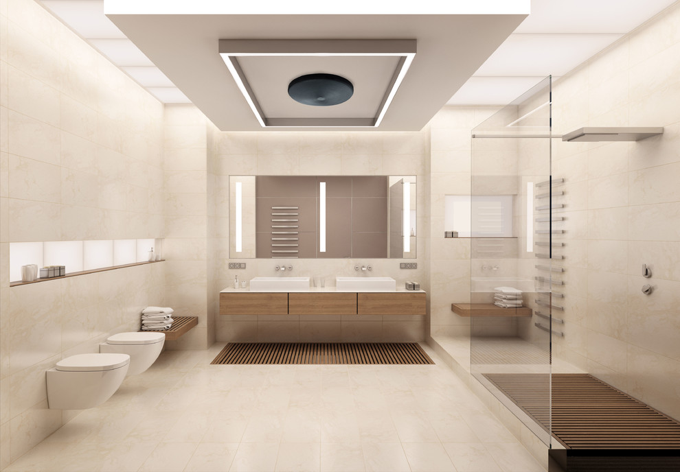 На фото: главная ванная комната среднего размера в стиле модернизм с душевой комнатой, биде, бежевой плиткой, керамической плиткой, бежевыми стенами, мраморным полом, столешницей из искусственного кварца и бежевым полом