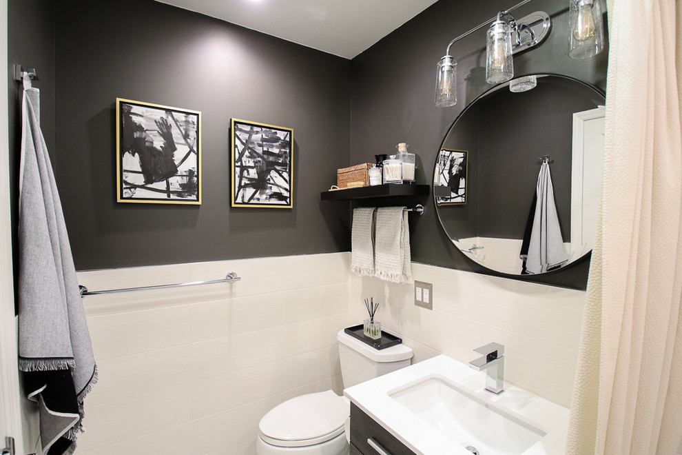 Photo of a small contemporary bathroom in New York with an alcove bath, an alcove shower, white tiles, ceramic tiles, brown walls, mosaic tile flooring, a wall-mounted sink, white floors, a shower curtain and white worktops.