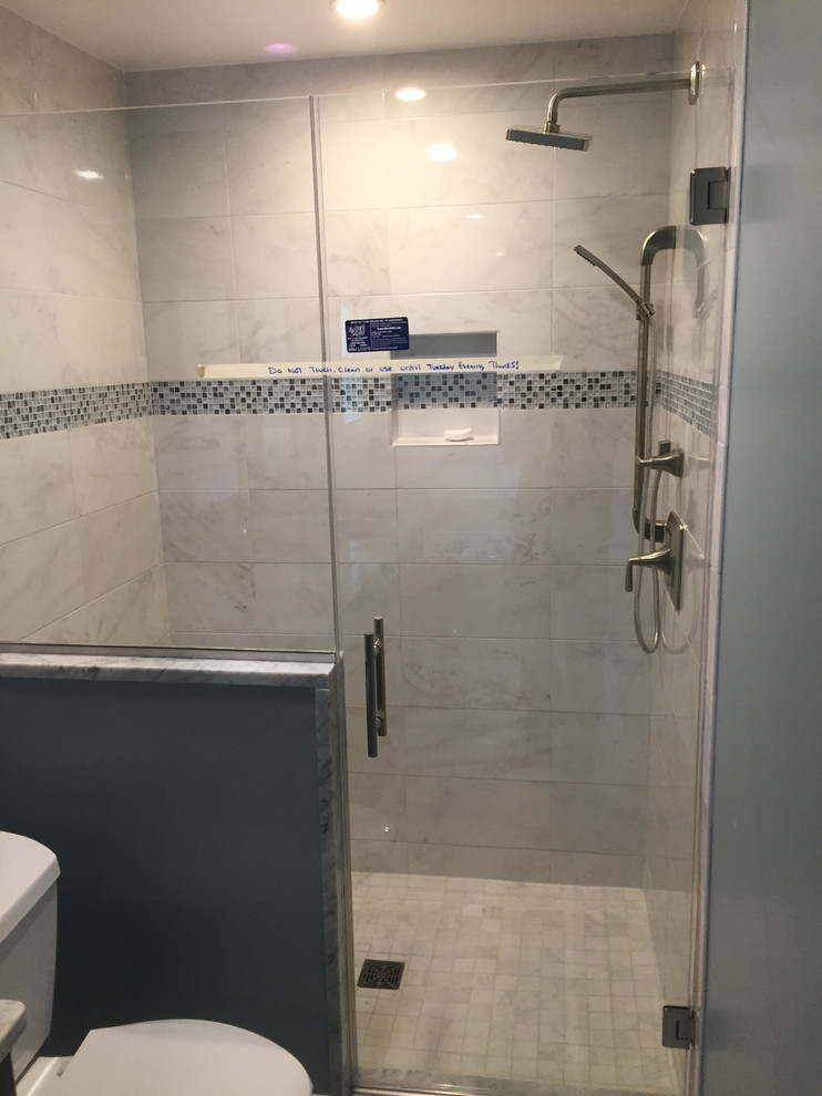 Example of a mid-sized classic master black and white tile, gray tile and marble tile marble floor and gray floor bathroom design in DC Metro with furniture-like cabinets, dark wood cabinets, a two-piece toilet, blue walls, an undermount sink, quartzite countertops and a hinged shower door