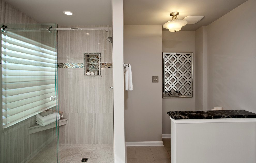 This is an example of a medium sized traditional ensuite bathroom in Baltimore with raised-panel cabinets, white cabinets, an alcove shower, beige walls, a submerged sink, granite worktops, mosaic tiles, porcelain flooring, beige floors and a hinged door.