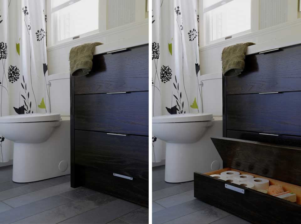 Exempel på ett litet modernt badrum, med släta luckor, skåp i mörkt trä, ett badkar i en alkov, en dusch/badkar-kombination, en toalettstol med separat cisternkåpa, vit kakel, keramikplattor, gröna väggar, klinkergolv i porslin, ett integrerad handfat, grått golv och dusch med duschdraperi