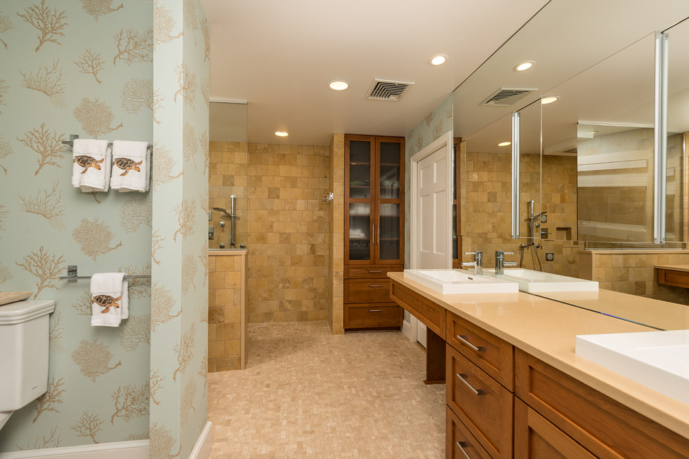 Inspiration for a large modern master beige tile and ceramic tile mosaic tile floor bathroom remodel in Portland Maine with shaker cabinets, medium tone wood cabinets, blue walls and solid surface countertops