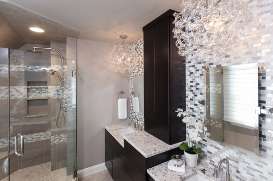 Bathroom in Philadelphia with dark wood cabinets, a corner shower, mosaic tiles, grey walls and ceramic flooring.