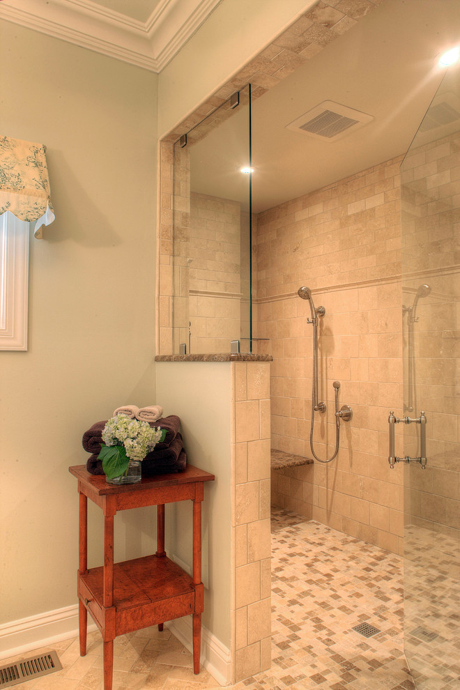 Design ideas for a large traditional ensuite bathroom in Philadelphia with beige tiles, metro tiles, a double shower, a two-piece toilet, a console sink, green walls and porcelain flooring.