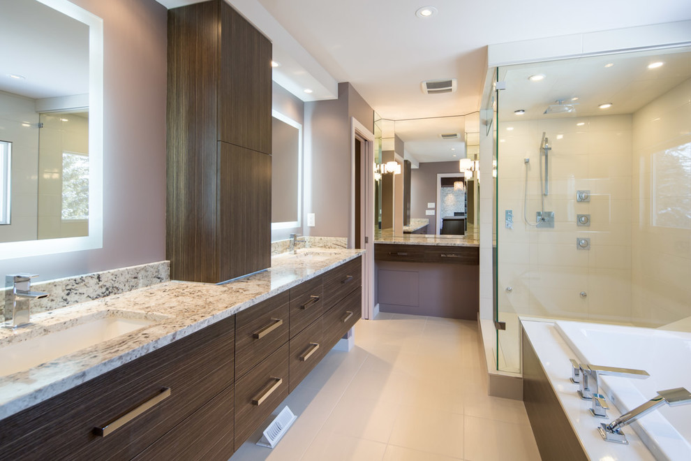 Идея дизайна: главная ванная комната среднего размера в стиле модернизм с плоскими фасадами, коричневыми фасадами, накладной ванной, угловым душем, унитазом-моноблоком, бежевыми стенами, врезной раковиной, столешницей из гранита и душем с распашными дверями