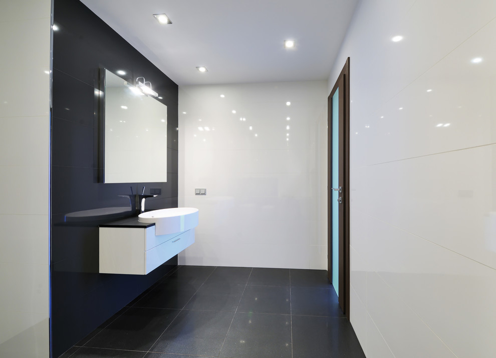 Design ideas for a medium sized classic ensuite bathroom in New York with glass-front cabinets, white cabinets, a hot tub, a walk-in shower, a two-piece toilet, white tiles, mosaic tiles, white walls, porcelain flooring, a submerged sink, tiled worktops, white floors and a hinged door.