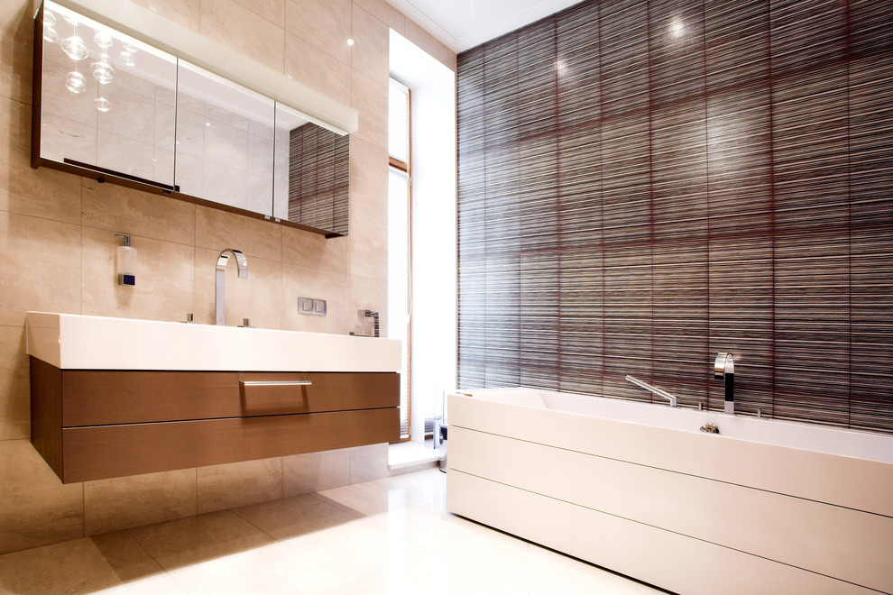Design ideas for a medium sized modern ensuite bathroom in New York with glass-front cabinets, brown cabinets, a hot tub, a double shower, a two-piece toilet, black tiles, porcelain tiles, white walls, porcelain flooring, a vessel sink, tiled worktops, beige floors and a hinged door.