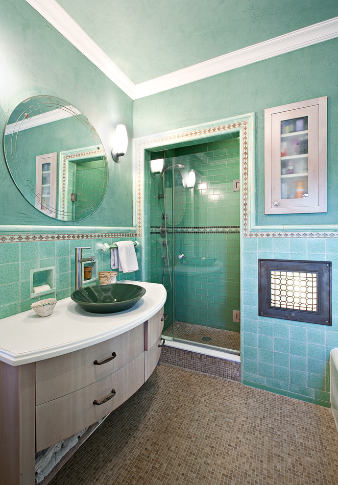 Inspiration för ett vintage badrum, med ett fristående handfat
