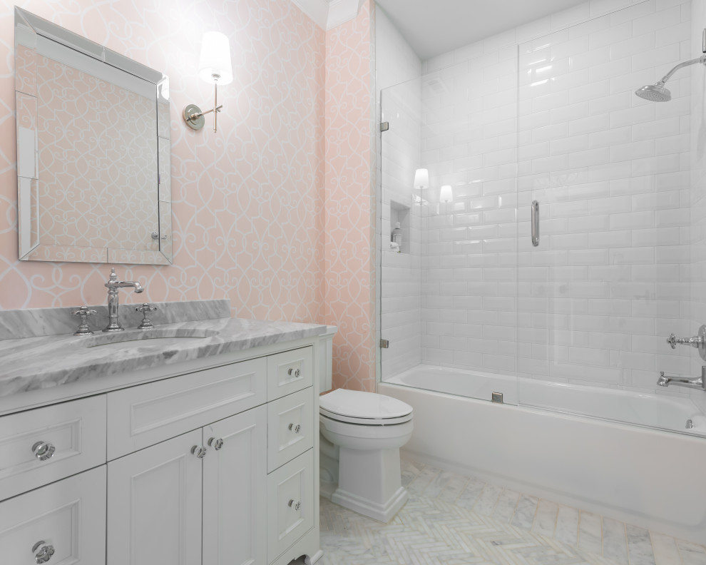 Huge elegant single-sink bathroom photo in New York with beige walls, quartz countertops, a hinged shower door and white countertops