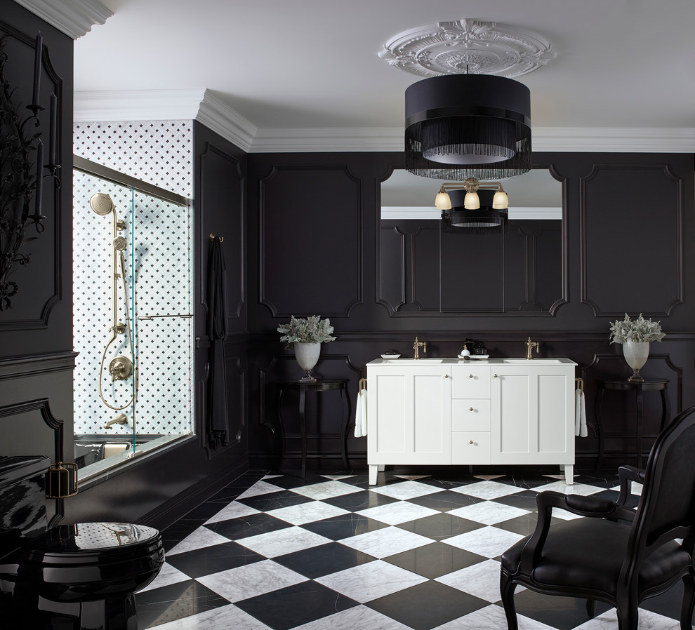 Inspiration for a large contemporary master bathroom remodel in Providence with shaker cabinets, white cabinets, black walls and an undermount sink